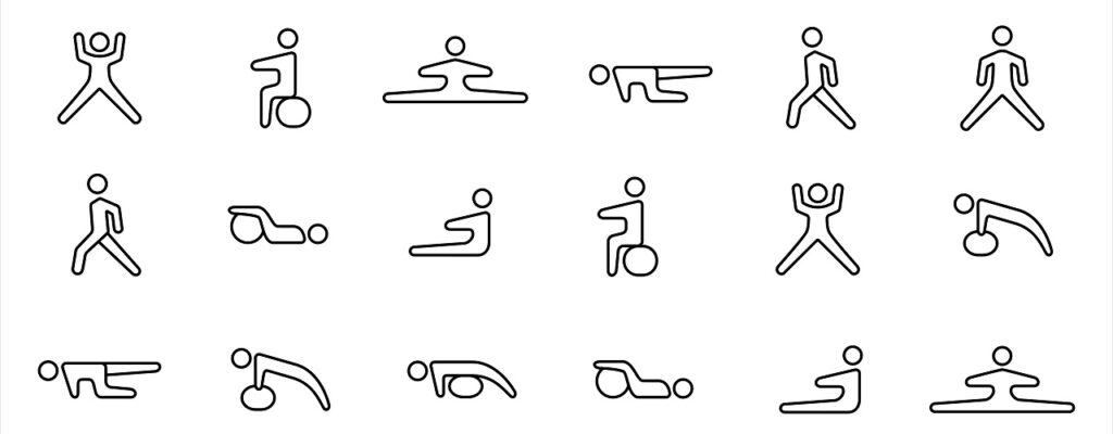 Simple Set of physiotherapy and chiropractic Related Vector icon user interface graphic design. Contains such Icons as stretching, walking, backbone, hammer, lordosis, scoliosis, push up, sit up