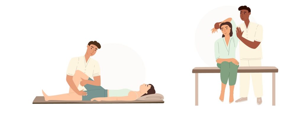 Collection of osteopaths performing treatment manipulations or massaging their patients. Set of specialists in osteopathy, chiropractic or manual therapy. Vector illustration in flat cartoon style.